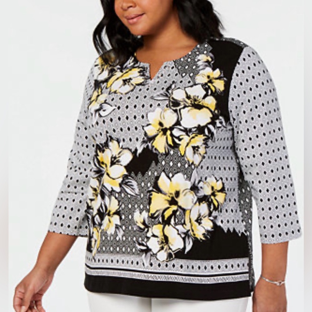 Alfred Dunner Yellow & Black Floral Diamond Print Embellished Top - XL